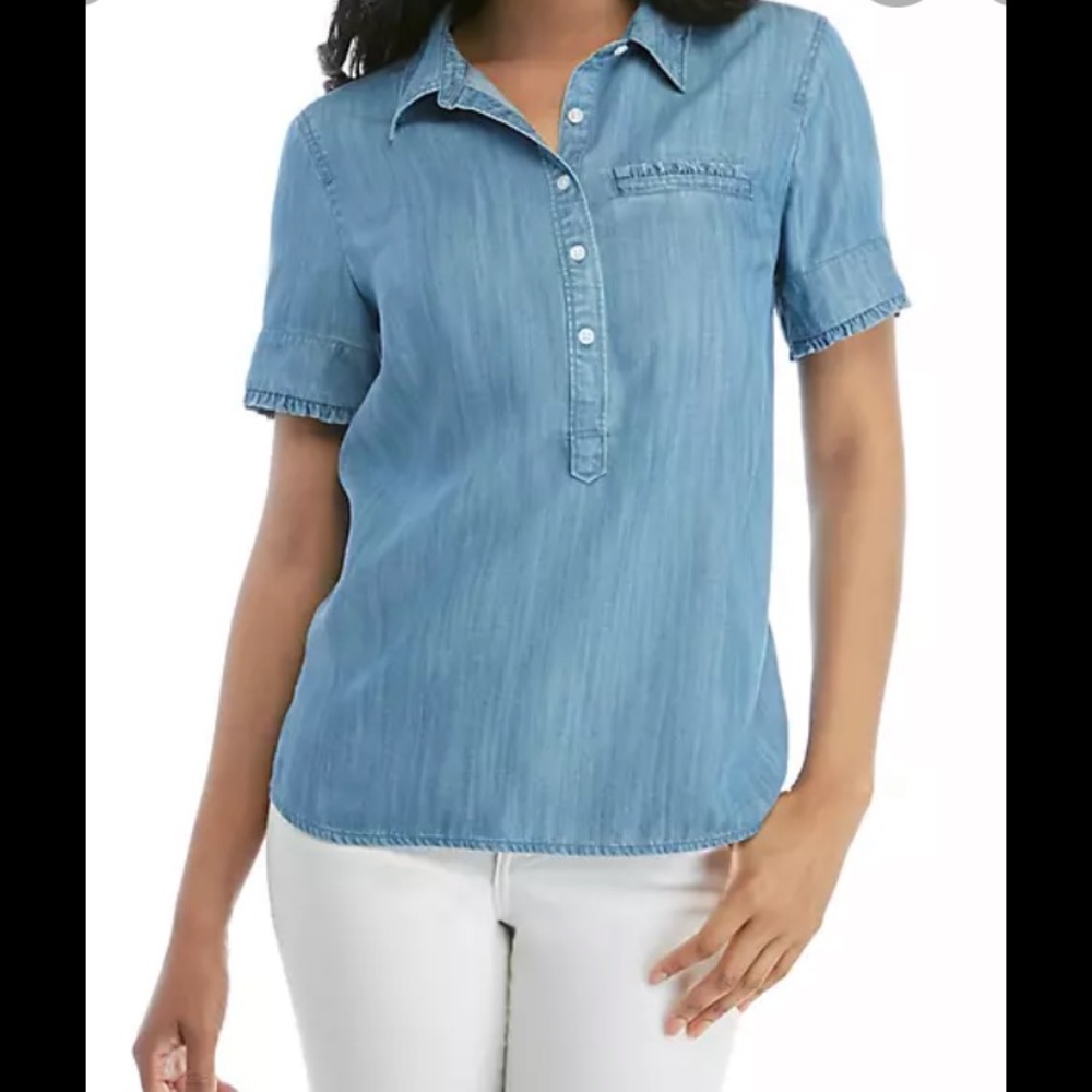 Crown & Ivy soft denim top XL ruffle accent EUC